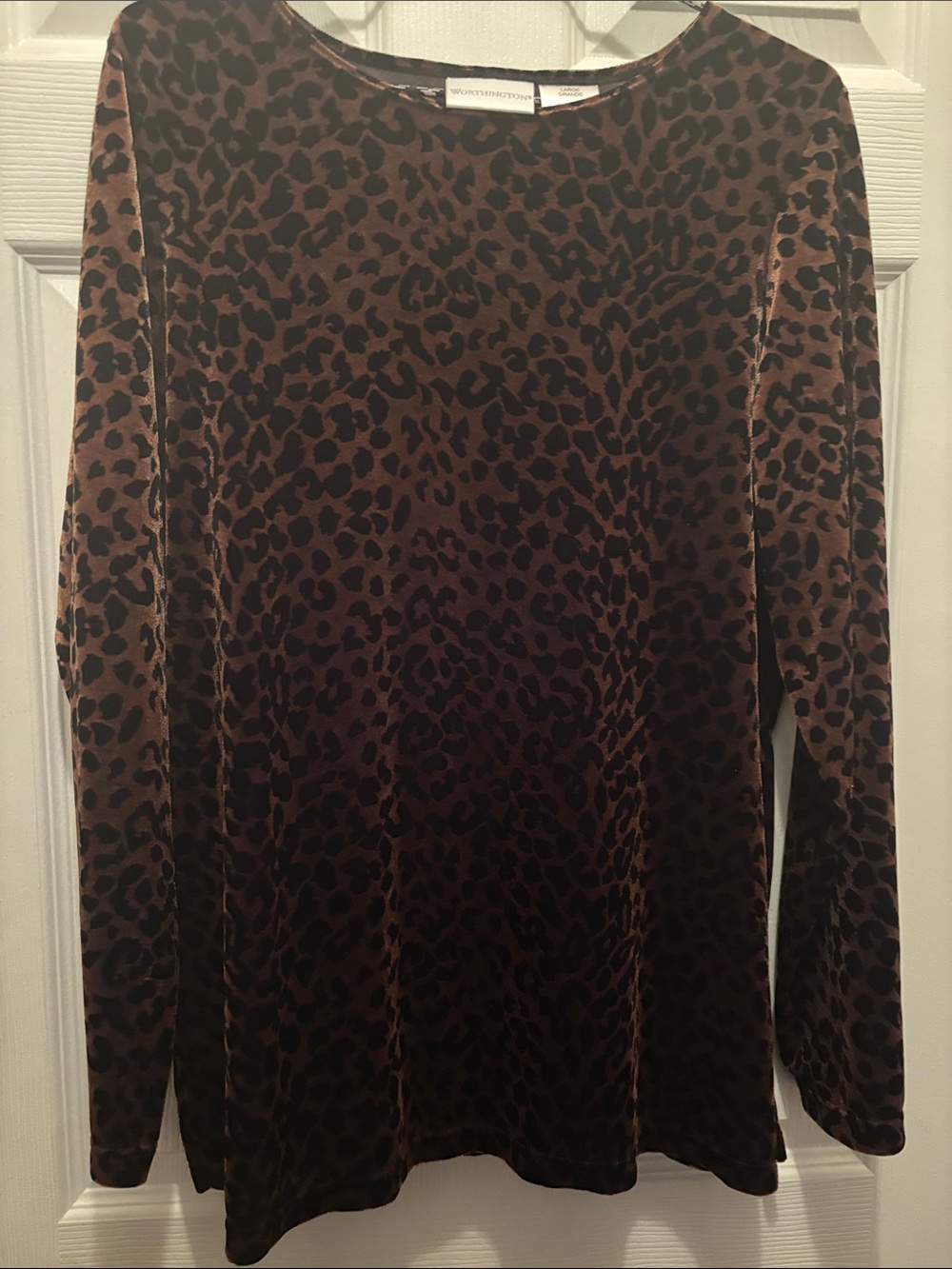 Worthington Brown and Black Leopard Velvet Long Sleeve Top